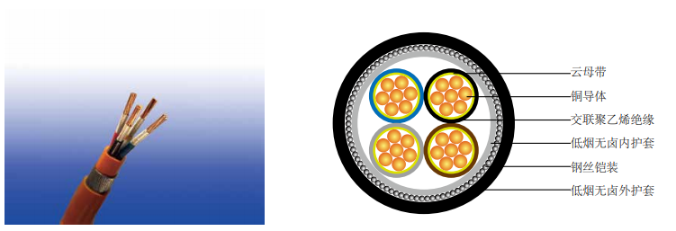 600/1000V 云母带+交联聚乙烯 绝缘低烟无卤护套铠装电力电缆 IEC 60502-1 (2-4芯)