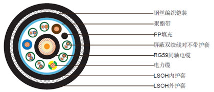 1xRG59 + 3x1.5电力电缆 + 6x1x2x24AWG屏蔽控制电缆, 无护套钢丝编织铠装低烟无卤护套组合电缆 1xRG59 + 3x1.5电力电缆 + 6x1x2x24AWG屏蔽控制电缆, 无护套钢丝编织铠装低烟无卤护套组合电缆